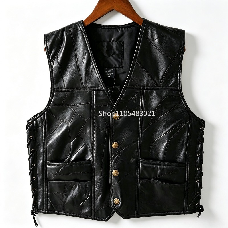 Riding Jacket Leather - Men's Black Patchwork Leather Biker Vest,