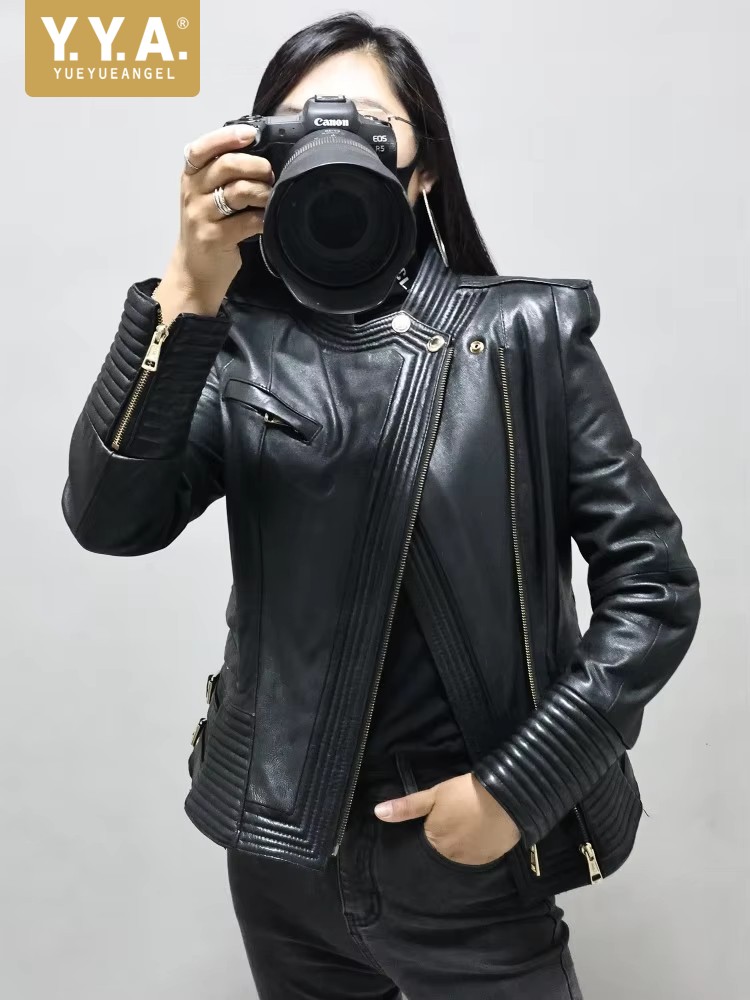Women Slim Fit Sheepskin Genui - Riding Jacket Leather 评论和价格