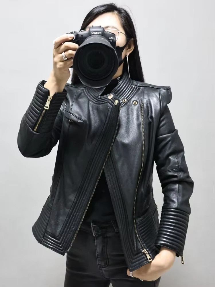 Women Slim Fit Sheepskin Genui - Riding Jacket Leather 评论和价格