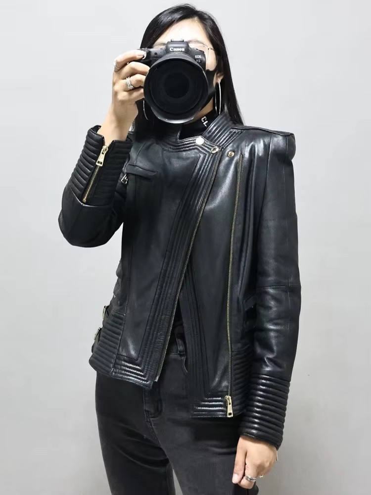 Women Slim Fit Sheepskin Genui - Riding Jacket Leather 评论和价格